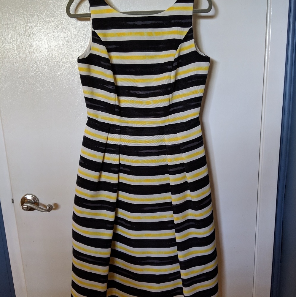 Eva Mendes Black and Yellow Striped Midi Dress